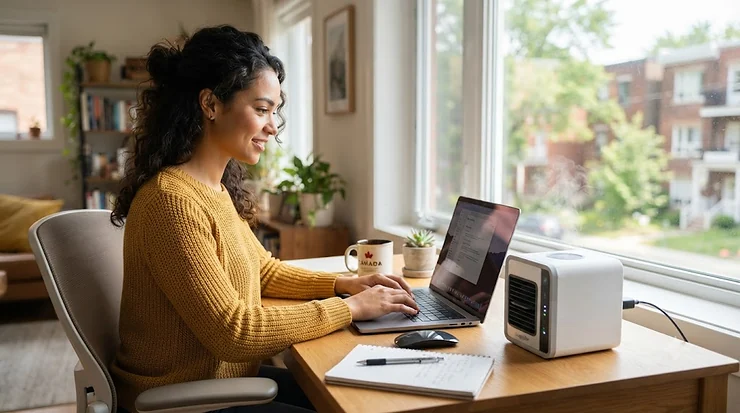 Compact USB mini air conditioner running on a home office desk to check if portable personal coolers actually work during Canadian summer heat waves.