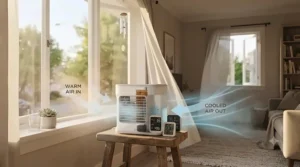 Visual guide on using windows for better evaporative cooler airflow.