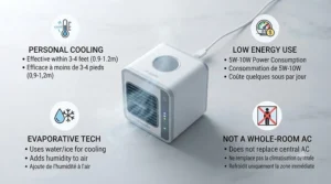 Infographic evaluating do USB mini air conditioners actually work, comparing cooling capacity, energy use, and room size suitability for Canadian homes.
