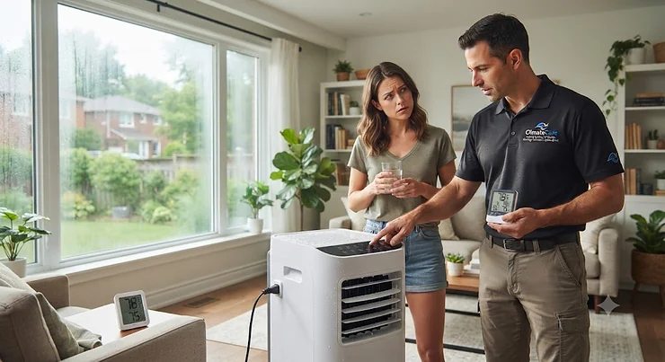 A technician evaluating cooling systems in a Canadian home to determine if evaporative cooling works in a humid climate. does evaporative cooling work in humid climate