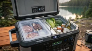 Dual-zone power bank cooler for camping trip storage, keeping fresh produce chilled and meats frozen during a weekend getaway.