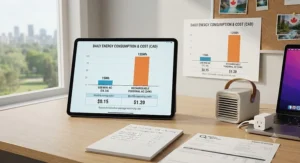 Infographic highlighting low energy consumption and electricity cost savings when using a USB mini AC vs rechargeable personal AC.