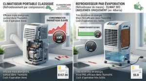 Comparison graphic showing the energy consumption difference between traditional AC and evaporative cooling.