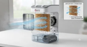 Diagram showing airflow through water-saturated cooling pads