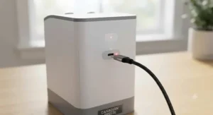 USB charging cable connected to battery powered cooler