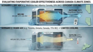 Diagram showing how evaporative cooling lowers temperature in dry air versus minimal cooling in high humidity.