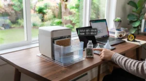 Evaporative USB mini AC for home office providing personal cooling through dry indoor winter heating.