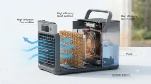 Diagram explaining how evaporative cooling lowers air temperature for campers.