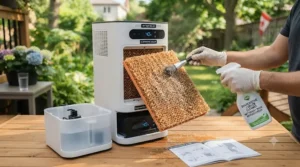 Cleaning filter pads on a portable cooling unit for better performance.