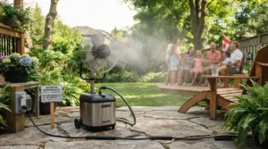 Misting fan operating safely in a backyard setting for summer gatherings.