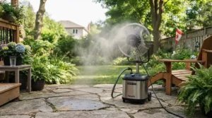 Fine water mist from a portable misting fan cooling an outdoor patio.