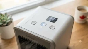 Close-up of control panel on a rechargeable personal AC showing speed and LED settings.