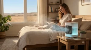 Person using a mini air cooler in a dry Alberta bedroom setting.
