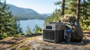 Comparison illustration showing the portable size of the cooler for hiking gear.