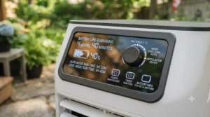 Display showing battery life settings on a rechargeable cooling device.