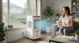 Best practices for placing a portable evaporative cooler near an open window for proper airflow.