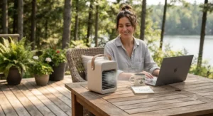 Vector graphic showing a cordless personal air cooler being used outdoors on a Canadian patio, highlighting rechargeable flexibility.