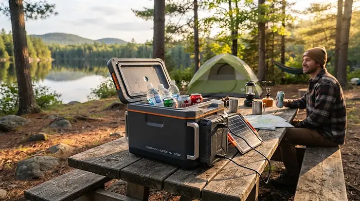 A portable power bank cooler keeping drinks cold at a scenic campsite in Algonquin Park, Ontario.