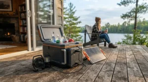 Vector illustration showing a power bank cooler operating off-grid on a wooden deck at a Canadian lake cabin.