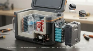 Cutaway illustration demonstrating the dual-zone fridge and freezer compartments powered by a high-capacity power bank cooler.