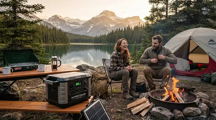 A reliable power bank cooler for camping trip setup at a scenic campsite in a Canadian provincial park, keeping food and drinks chilled off-grid.