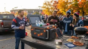 Infographic illustration of a power bank cooler keeping food fresh during an autumn football tailgating event in Canada.