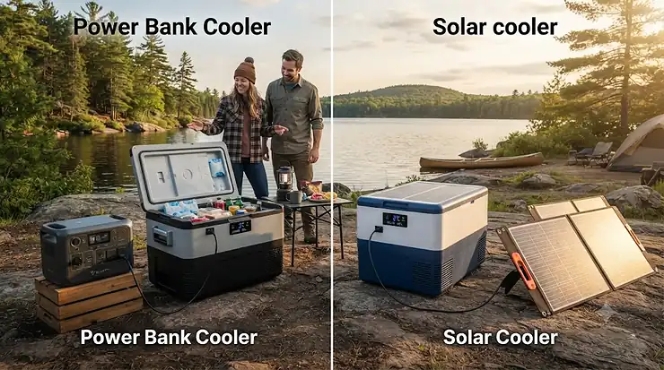 Power bank cooler vs solar cooler comparison setup at a campsite in Canada, showing a portable power station and a foldable solar panel powering electronic coolers.