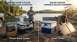 Charging speed analysis illustration showing power bank cooler vs solar cooler energy replenishment times.