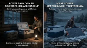 Emergency power outage preparedness concept featuring a power bank cooler vs solar cooler backup option.