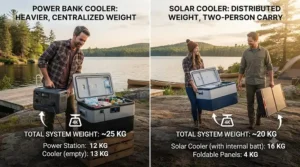 Portability and weight comparison graphic for a power bank cooler vs solar cooler gear setup.
