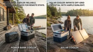 Off-grid cabin scene evaluating a power bank cooler vs solar cooler for remote Canadian cottage country stays.