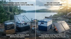 Weather impact illustration for power bank cooler vs solar cooler usage during variable Canadian summer forecasts.