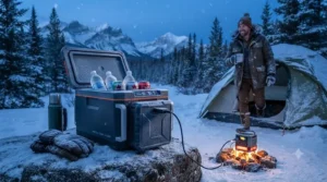 Illustration highlighting a durable power bank cooler performing efficiently in chilly Canadian winter camping conditions.