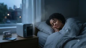 A person sleeping soundly next to a quiet rechargeable personal AC unit at night.
