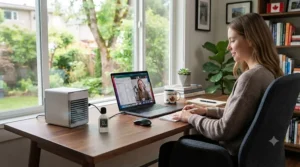 Quiet USB mini AC for home office running silently during remote work video meetings.