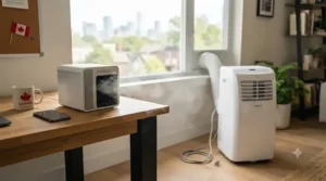 Comparing a compact rechargeable personal AC to a larger portable air conditioner.