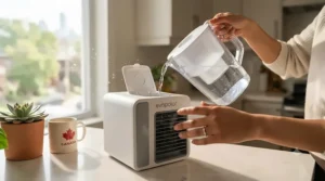 Demonstrating how to refill the water tank on a personal evaporative cooler.