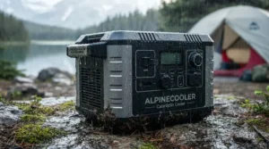 Heavy-duty, weather-resistant power bank cooler for camping trip durability, designed to handle rough terrain and changing weather in the Canadian Rockies.