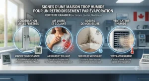 Visual icons identifying indicators like condensation or mugginess that suggest avoiding evaporative cooling.