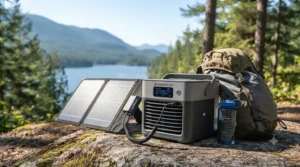 Portable battery evaporative cooler being charged by a small solar panel.
