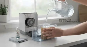 Easy water refill process for portable evaporative cooling unit