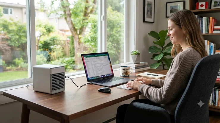 Compact USB mini AC for home office desktop keeping cool during warm Canadian summers.