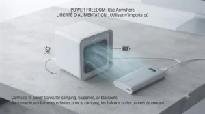A portable USB mini air conditioner connected to a backup power bank on a Canadian apartment balcony during an emergency heat advisory.