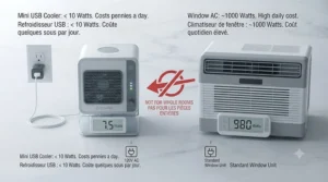 Energy consumption comparison chart showing how low-wattage USB mini air conditioners impact Canadian electricity bills compared to window units.
