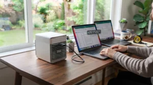 USB-powered mini AC plugged into a laptop setup for a convenient Canadian home office cooler.