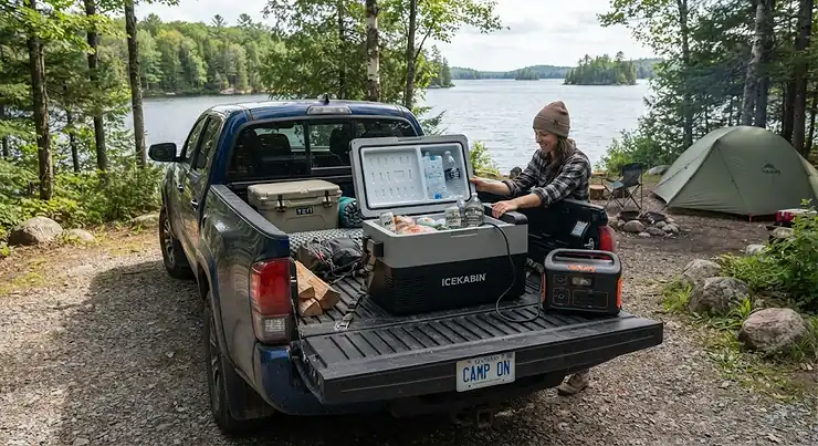 A 12V camping fridge plugged into a portable power station in the back of a truck during a weekend camping trip in Algonquin Provincial Park.