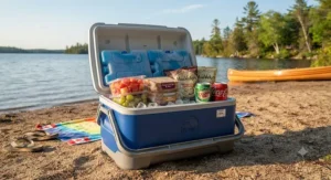 An affordable beach cooler under $80 CAD packed with ice packs, sandwiches, and drinks for a family lake trip in Ontario.