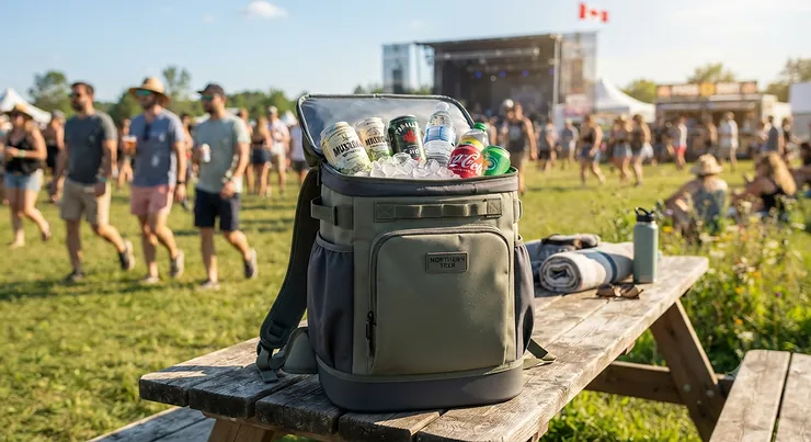 A durable backpack cooler for festivals loaded with cold drinks on a sunny Canadian summer afternoon.