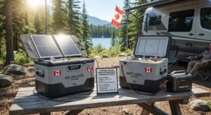 Portable battery-powered cooler keeping drinks chilled at a Canadian cottage.