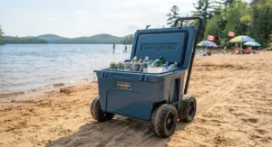 Top rated beach cooler equipped with rugged wheels designed to roll smoothly across sandy Canadian shorelines.
